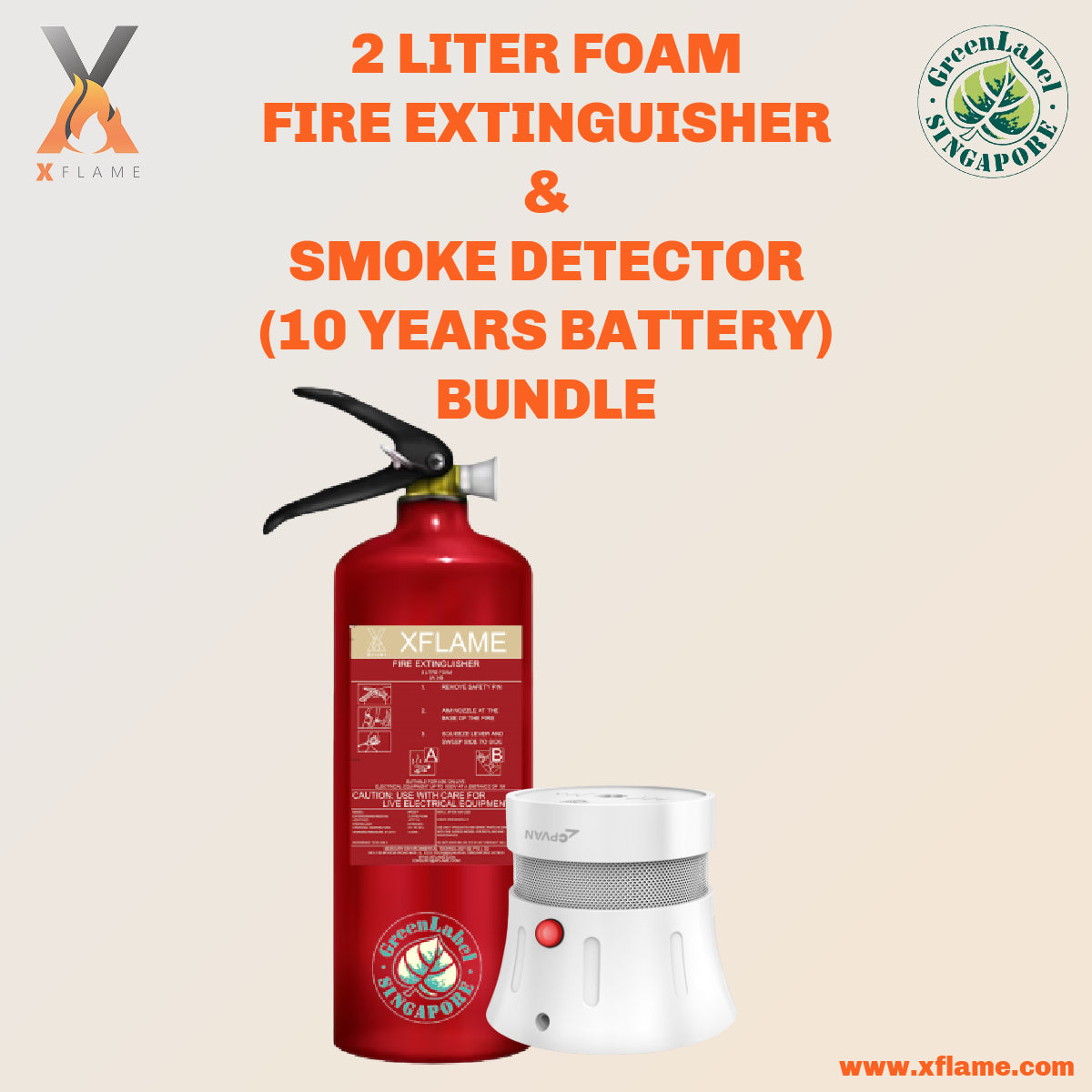XFLAME 2L Foam Fire Extinguisher with Smoke Detector (10 Years Battery)