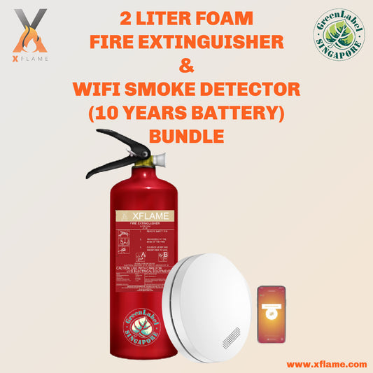 XFLAME 2L Foam Fire Extinguisher with WIFI Smoke Detector (10 Years Battery)